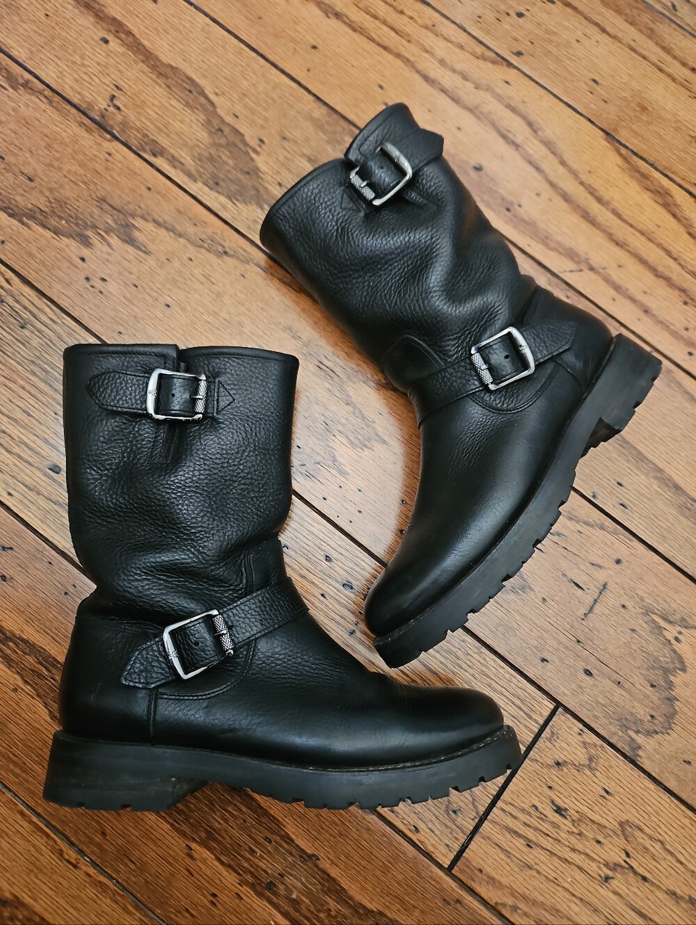 Frye Black Leather Shearling Lined Moto Engineer Boots Rubber Lug SolesSize 7